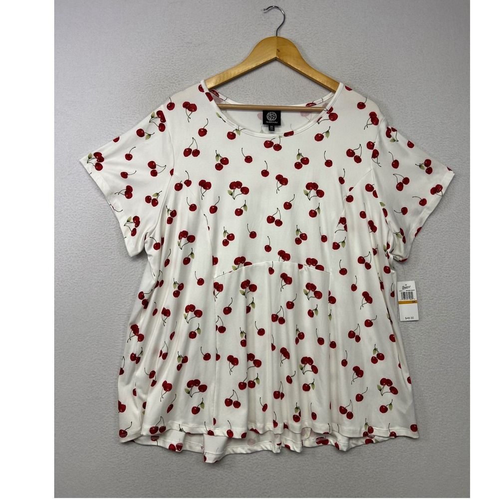 Rockabilly Retro Bobeau Womens 3X White Red Cherry Print Babydoll Top